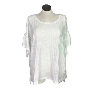 Suzanne Betro Women 4X Ribbed Knit Sweater White Scoop Neck Ruffle Short Sleeve